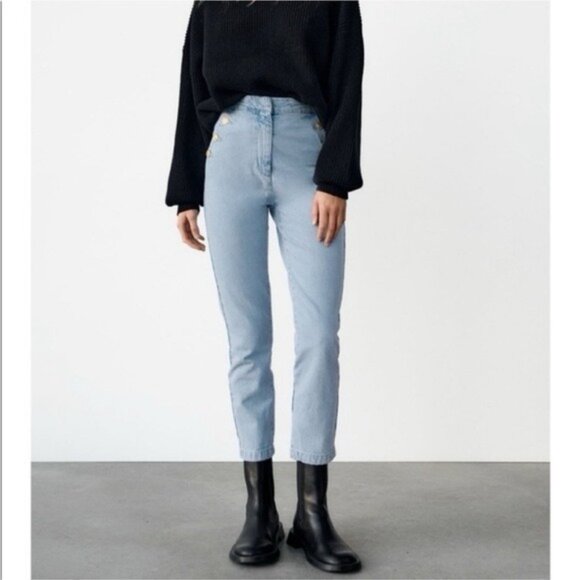 Zara Denim - ZARA Sailor Blue Jeans Size Medium Light Wash Button Front Denim Jean